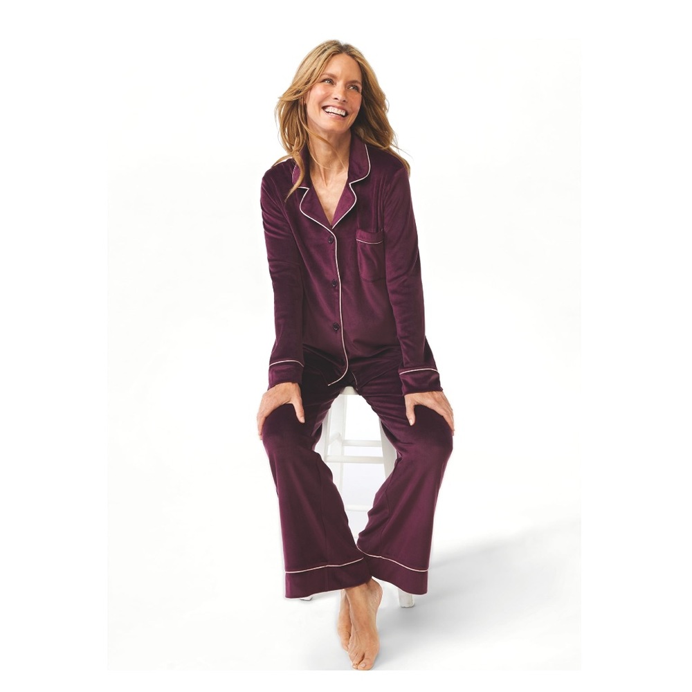 Womens Velour Knit Notch Collar Pajama Lounge 2-Piece Set, Size Small